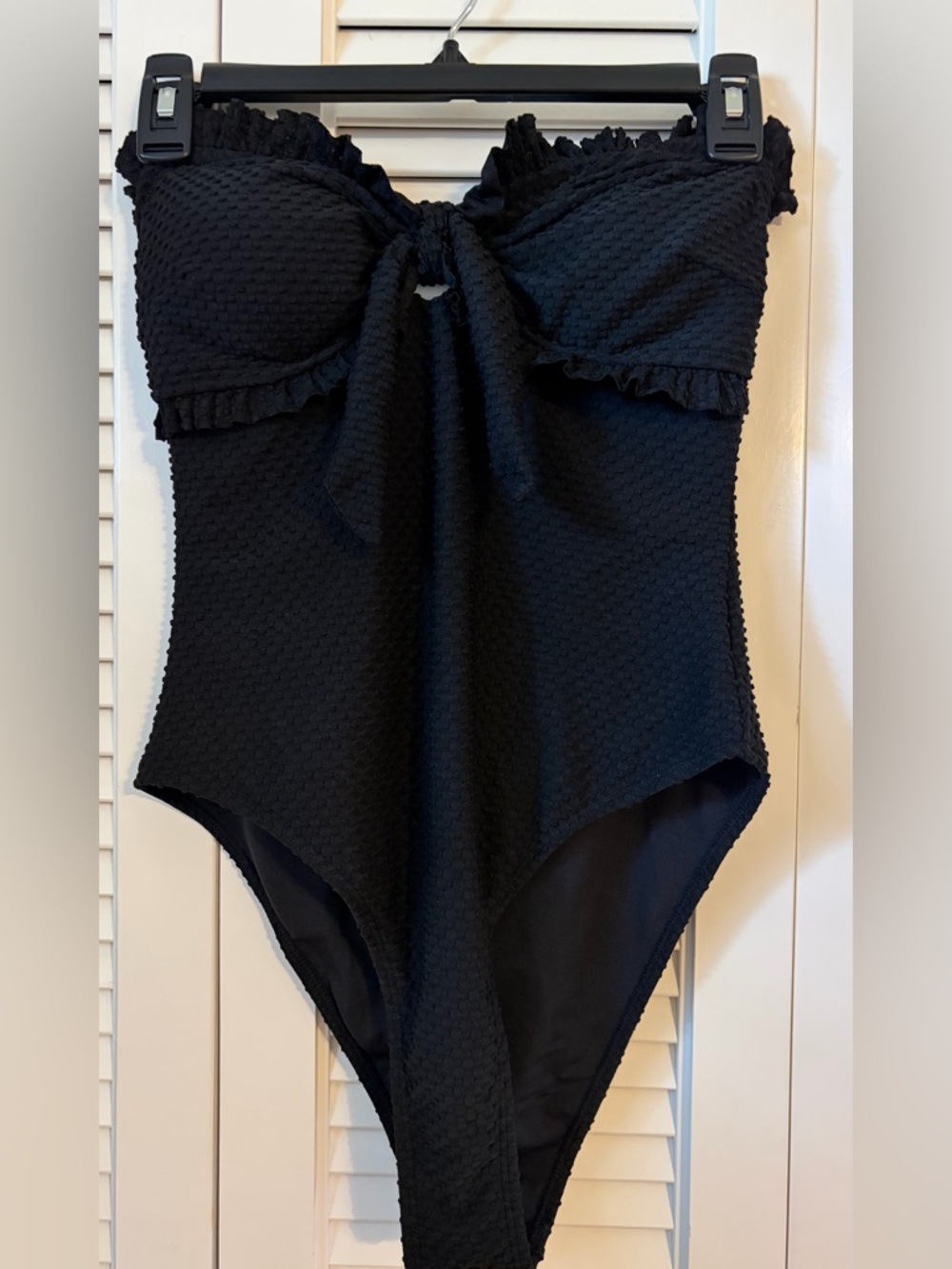 Black Textured One-Piece Swimsuit with Front Tie